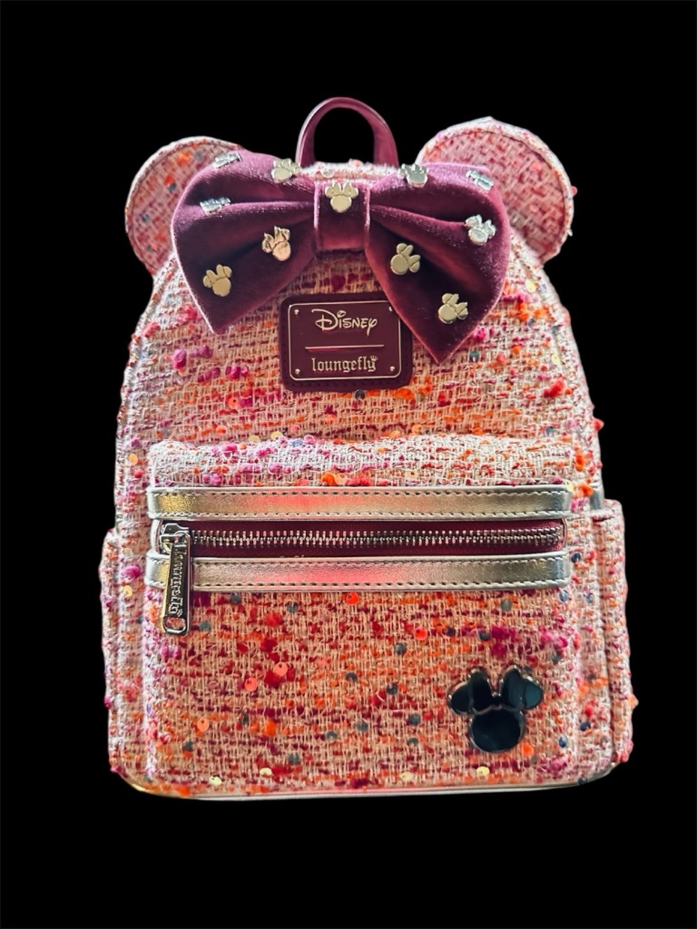 Loungefly Pink Tweed Minnie Ear Mini Backpack with Velvet Bow